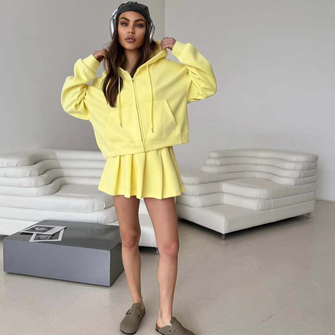 Dame Casual Hoodie og Nederdel Sæt med Skjult Lynlås og Elastisk Talje