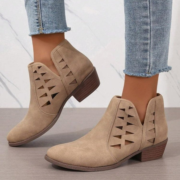 Dame mode Ankle Boots med kunstneriske udskæringer og behagelig blokhæl Stilla