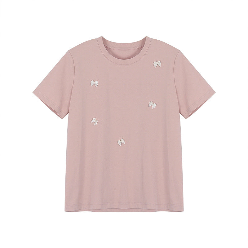 Dame T-shirt med søde sløjfeapplikationer og rund udskæring Stilla