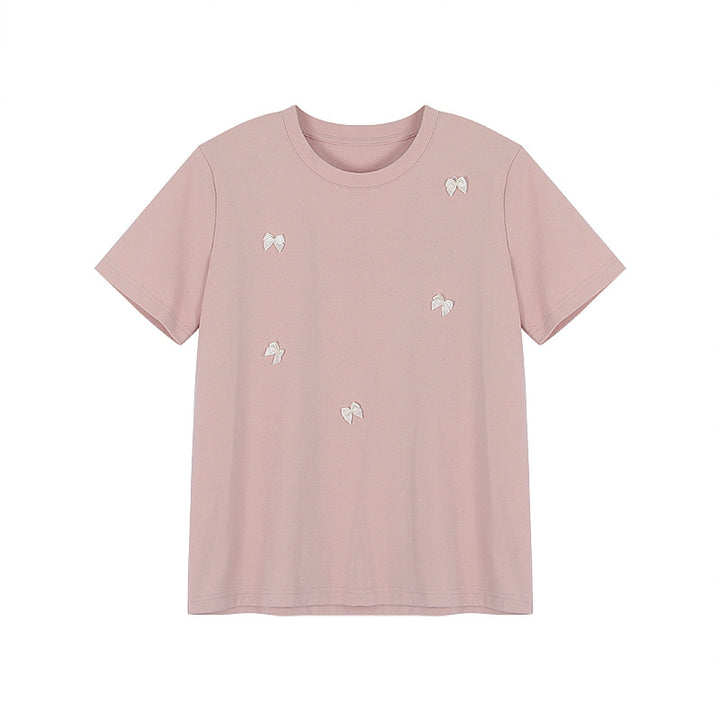 Dame T-shirt med søde sløjfeapplikationer og rund udskæring Stilla