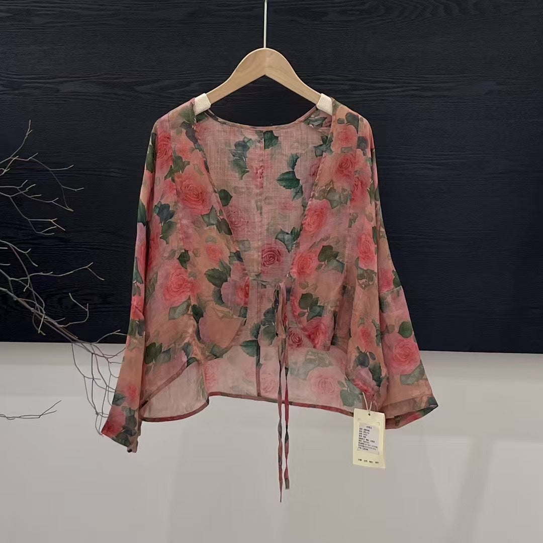 Femme Åben Front Blomster Mønster Kimono Jakke Stilla