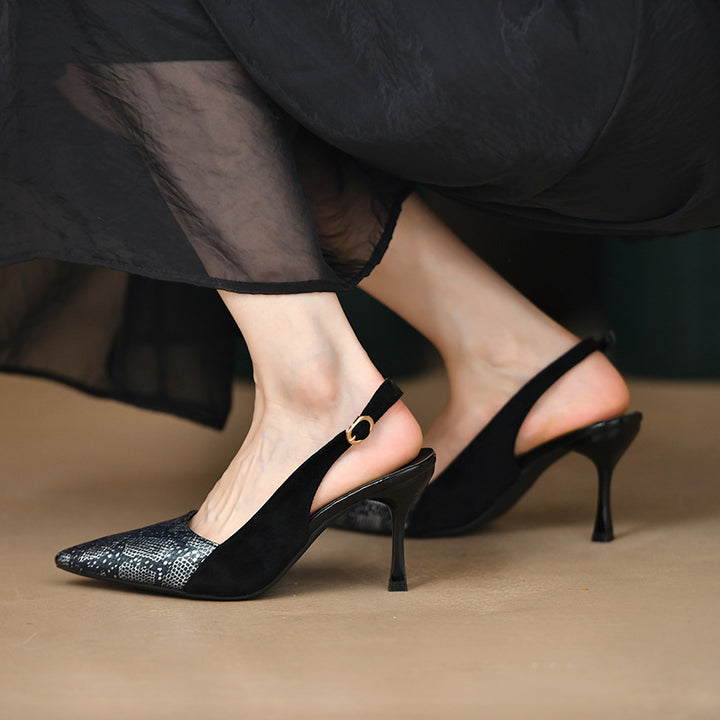 Dame nan spidse Pumps med hælrem, reptilmønster og smal stilettohæl Skovae