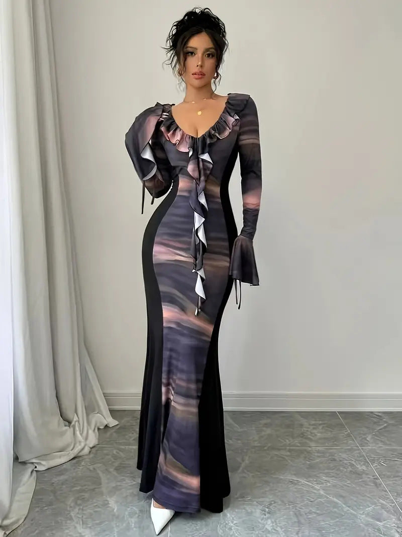 Dame Elegant Maxi-kjole med flæser og farveforløb Stilla