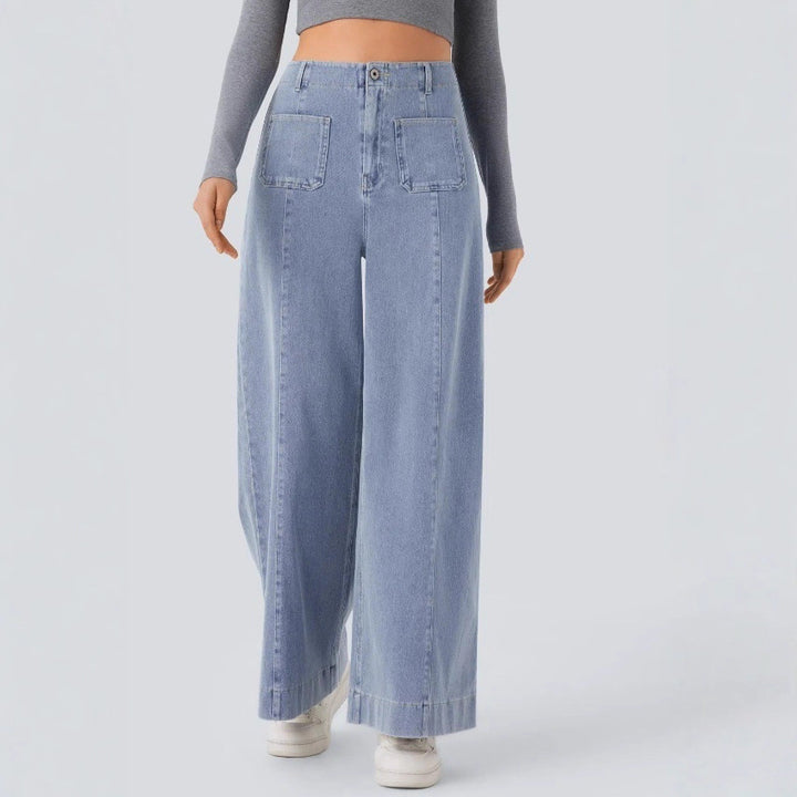 Dame nan højt skåret jeans-palazzo-bukser med bred ben og påsyede forlommer Skovae