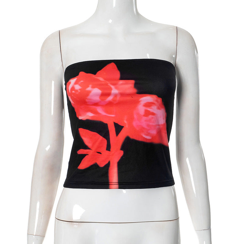 Dame figursyet bandeau-blusekjole med blomsterdesign og elastisk stof Skovae