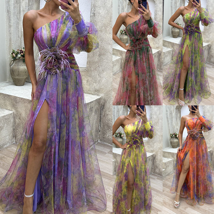 Dame Elegant One-Shoulder Maxikjole med floral chiffon og høj slidse Stiila