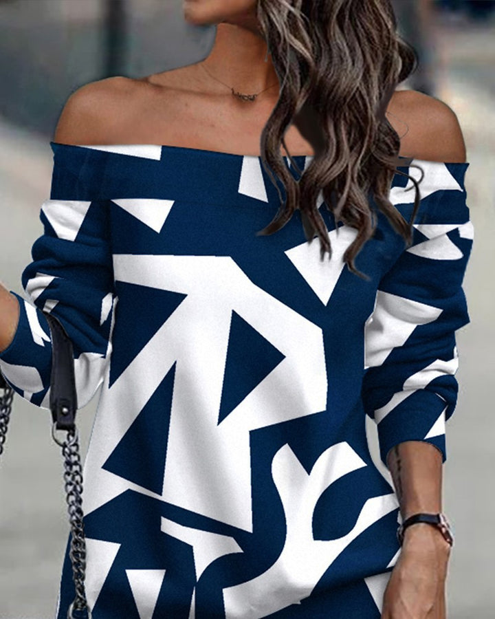 Dame Off-Shoulder Minikjole med geometrisk mønster og asymmetrisk søm Stilla