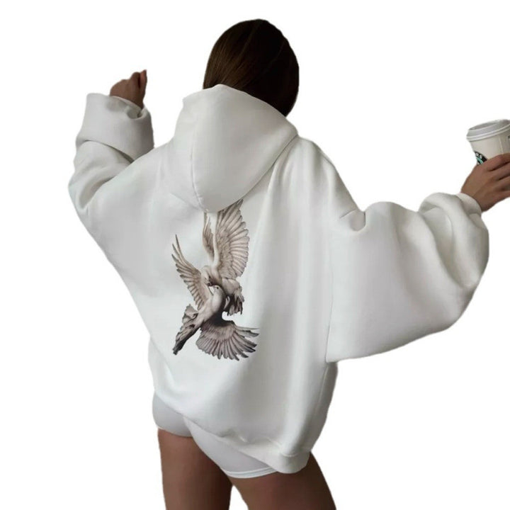 Dame hoodie med kunstnerisk fugledesign og afslappet pasform Skovae