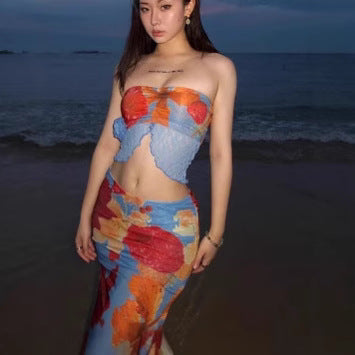 Femme Floral Crop Top og Maxi Nederdel Sæt Stilla
