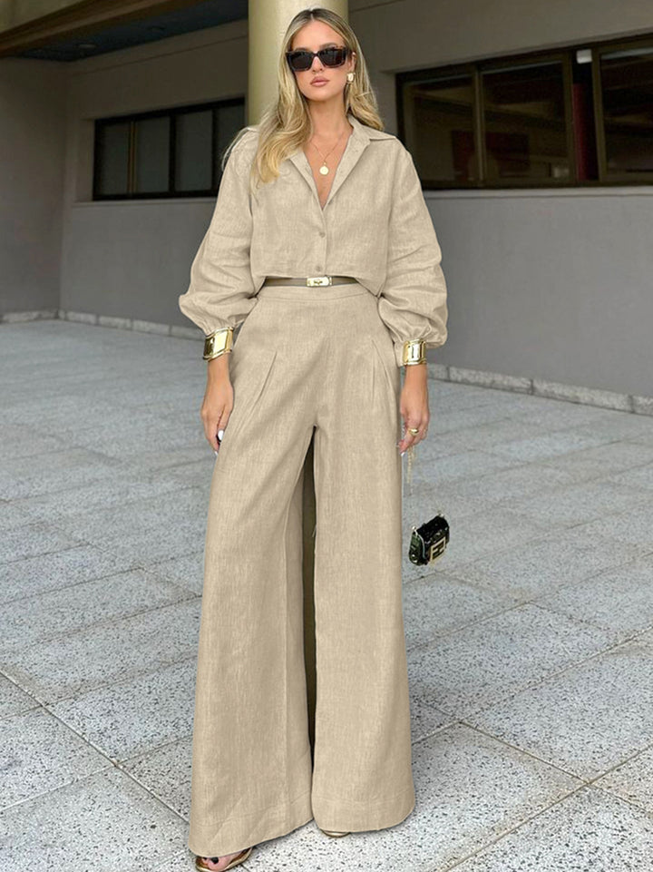 Dame elegant sæt bestående af bluse med puffærmer og løse bukser Stilla