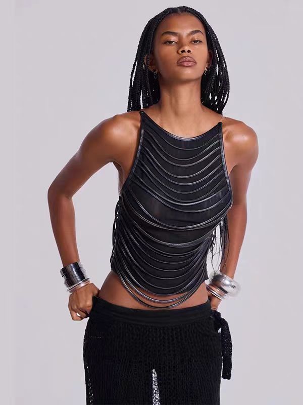 Dame Tekstureret Mesh-Crop-Top med Lag-detaljer Stilla