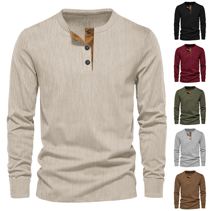 Herren nan ribbet Thermo-Henley med kontrastknapliste og ribbede manchetter Skovae