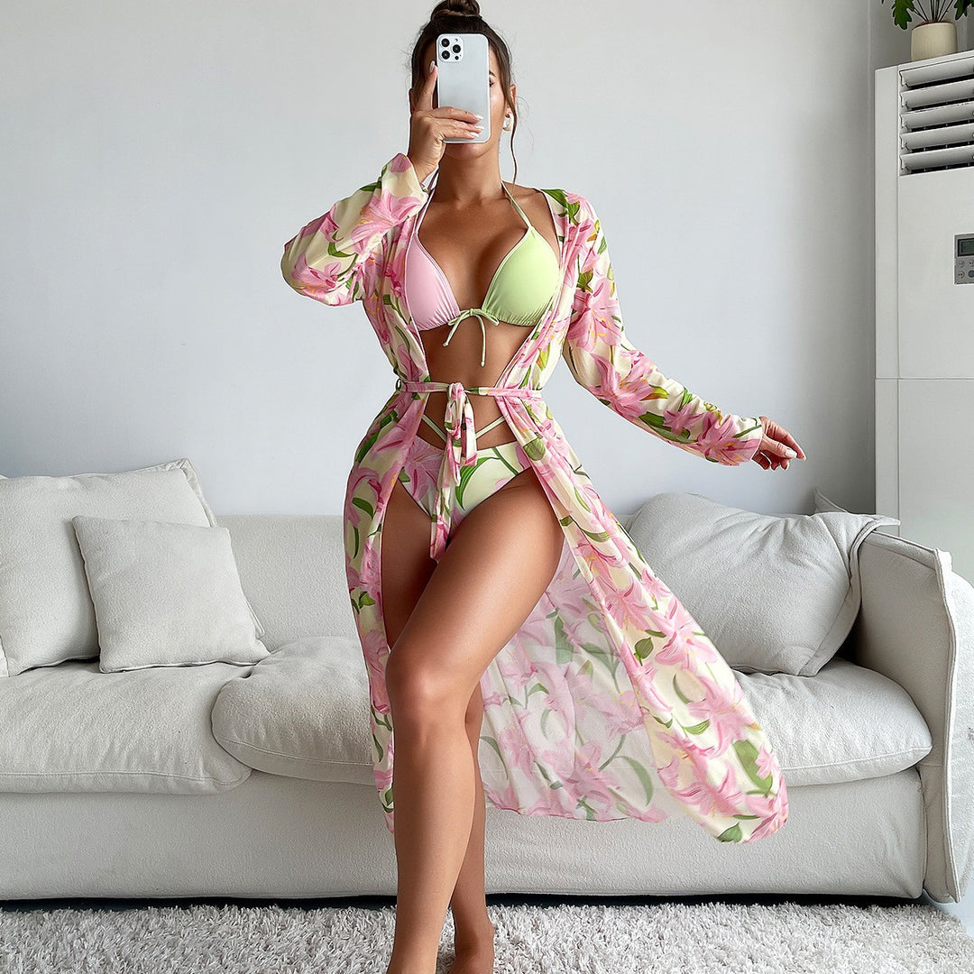 Dame Strandkimono med blomster mønster og sidelæg Stilla
