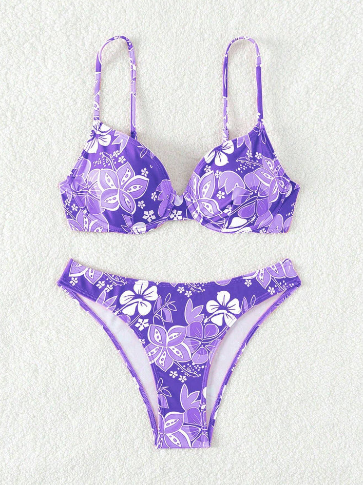 Dame polstret trekant-bikini med blomstermotiv og justerbare stropper Skovae