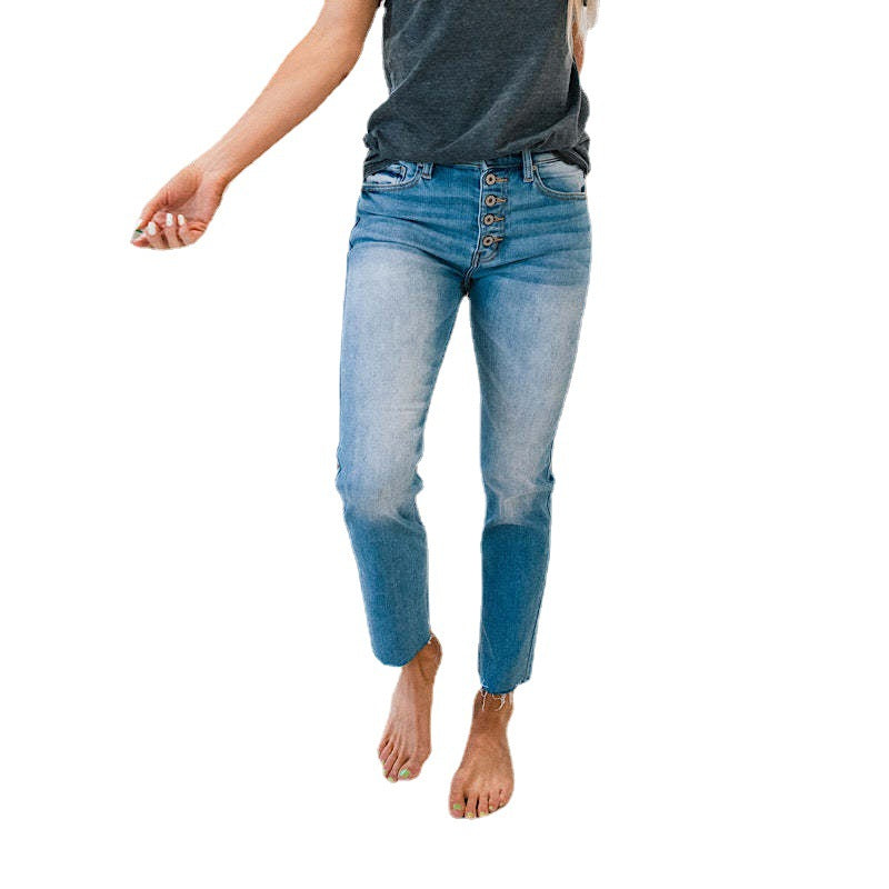 Kvinder Højtaljede Jeans med knapindsats og frynset kant Stilla