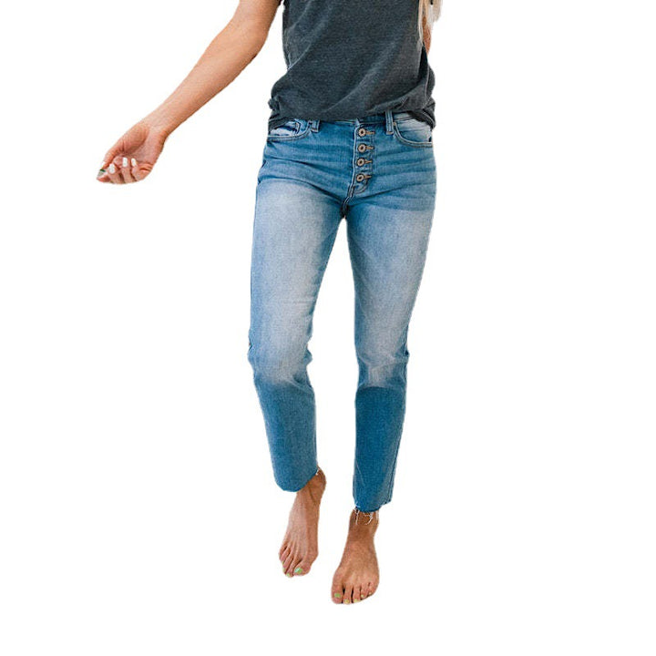 Kvinder Højtaljede Jeans med knapindsats og frynset kant Stilla