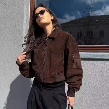 Damer cropped kunstlæderjakke med klassisk krave og praktiske lommer Stilla