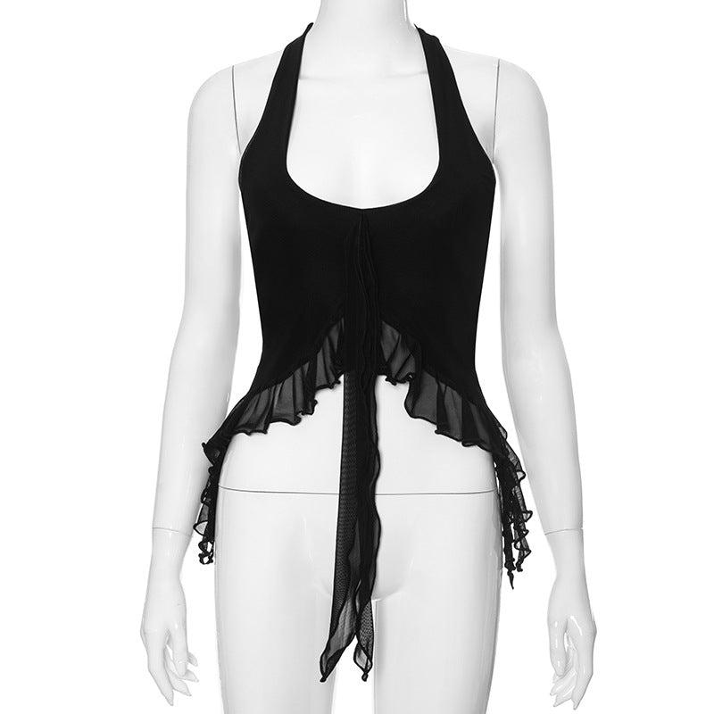 Femme Flirty Halter Neck Top med transparent flæse kant Stilla