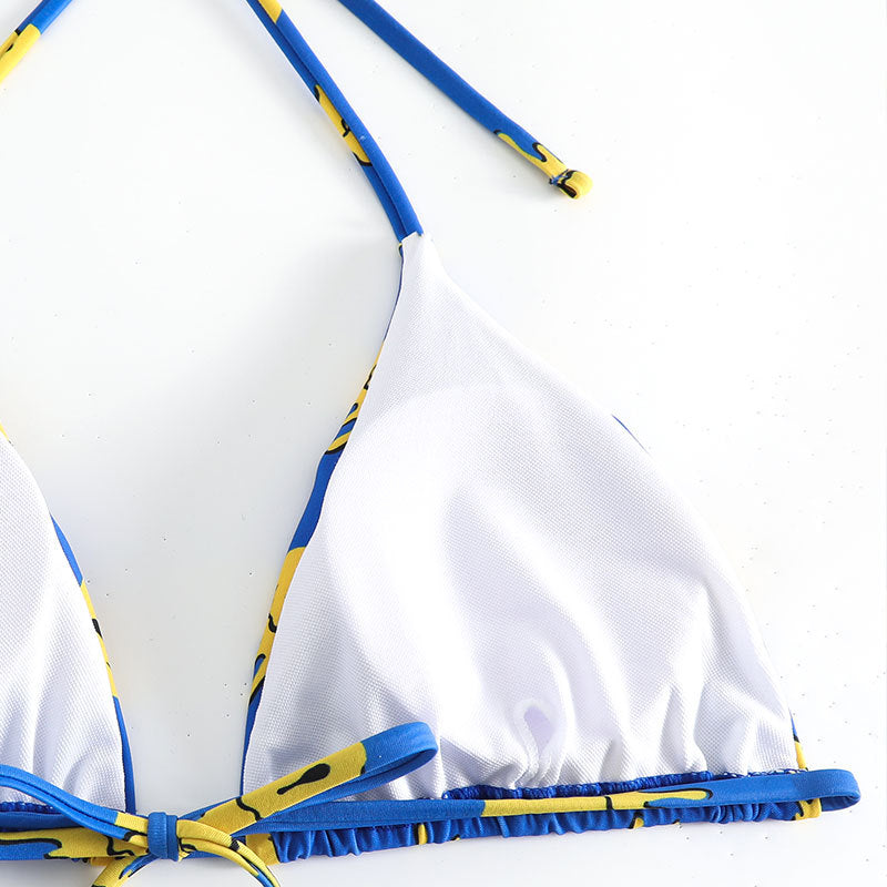 Dame triangel-bikini med glad smiley-mønster og justerbare bindebånd Skovae