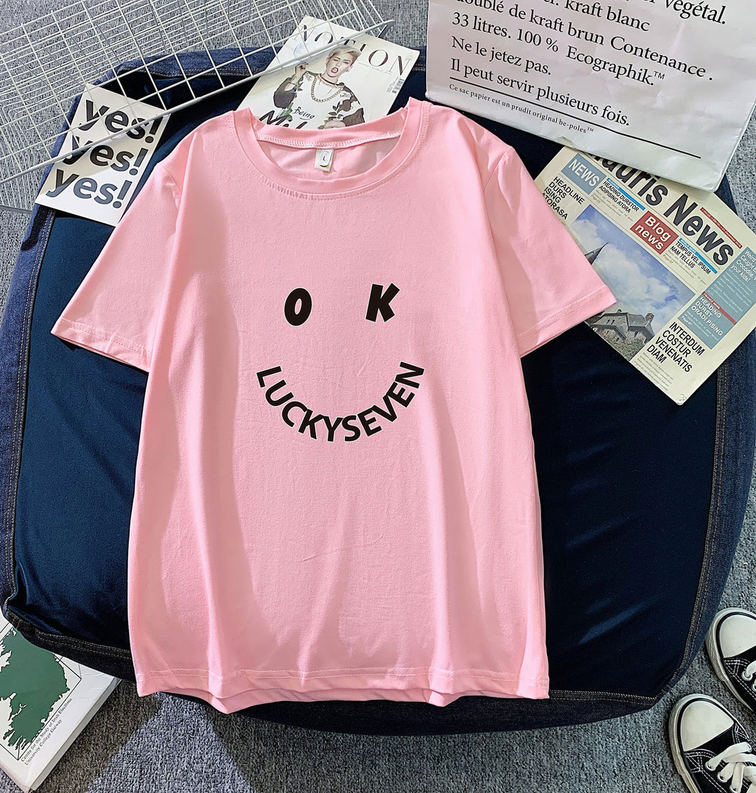 Kvindernes fashionabel t-shirt med afslappet smiley-tryk og høj kvalitet bomulds kvalitet Skovae