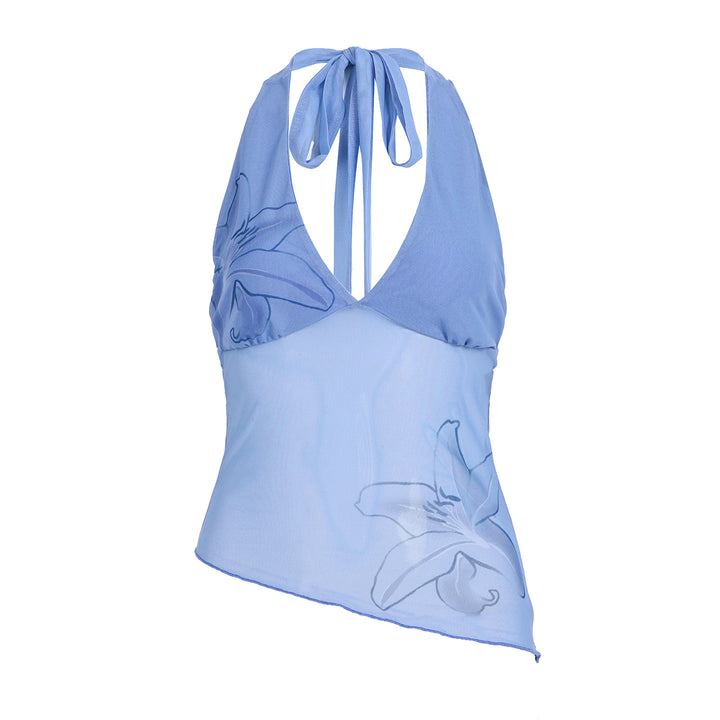 Dame Halterneck top med blomsterdesign og asymmetrisk snit Skovae