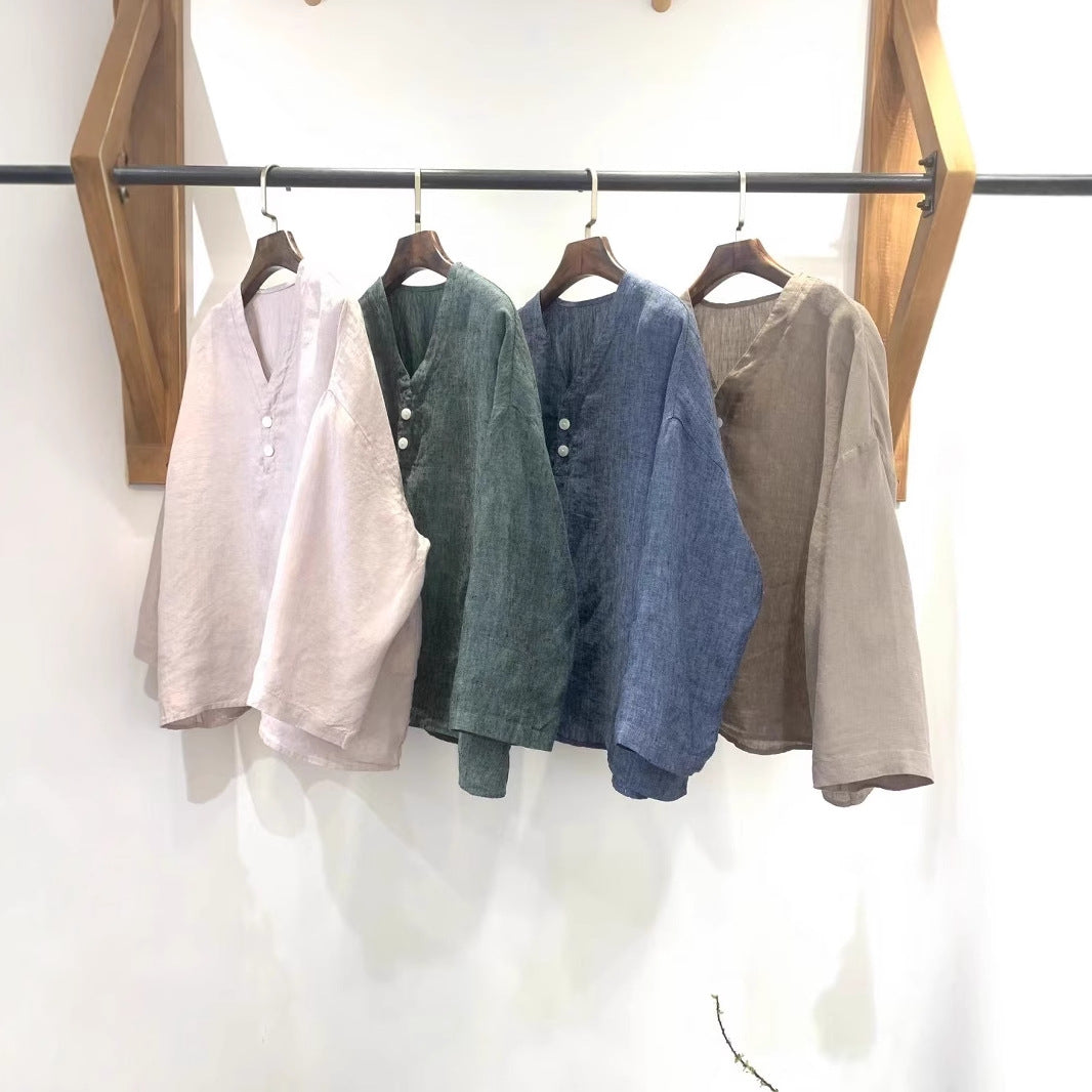 Femme Casual V-Udskæring Linned Top Stilla