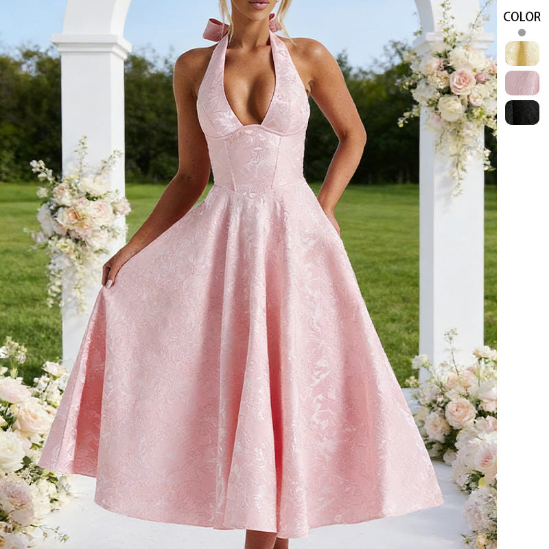 Dame elegant kjole midi med halterneck og detaljeret blonderarbejde Skovae