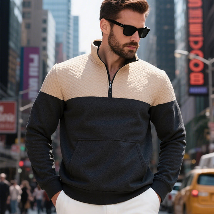 Herren nan quilted skulderpas halvzip sweater med kenguruhåpning og ståkrave Skovae