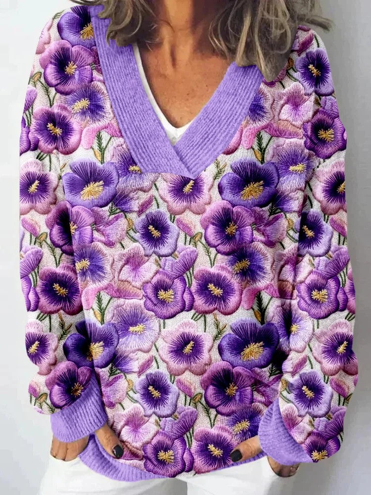 Kvinders V-hals sweater med blomsterdesign og afslappet pasform Stilla