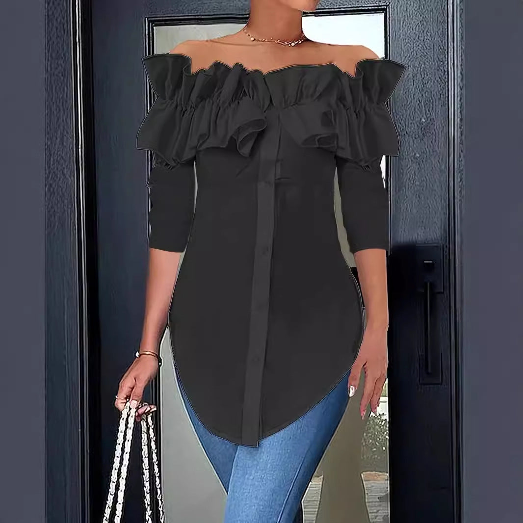 Dame Off-Shoulder Bluse med ruffles og knapdetaljer Stilla