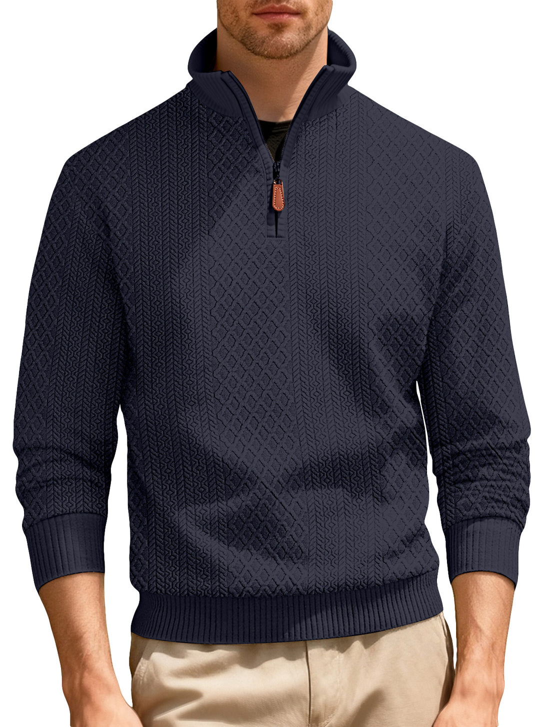 Herren nan finstruktureret halvzip-sweater i jacquard-relief med høj ståkrave og læder-zipper Skovae