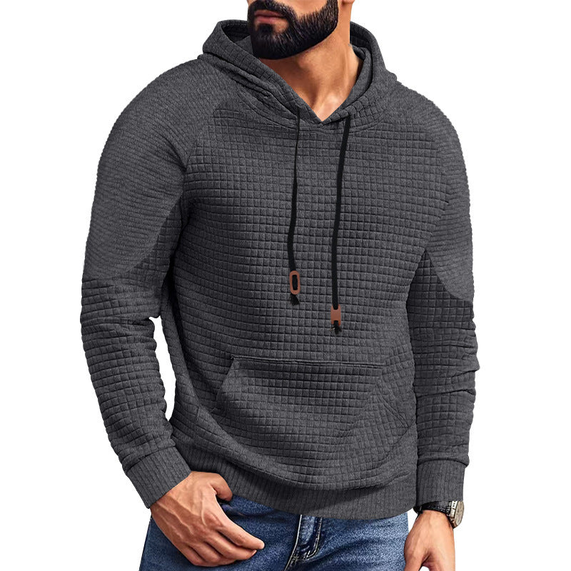 Herren nan kvadratstruktureret hættepullover i quiltet look med kængurulomme, raglanærmer og snor.