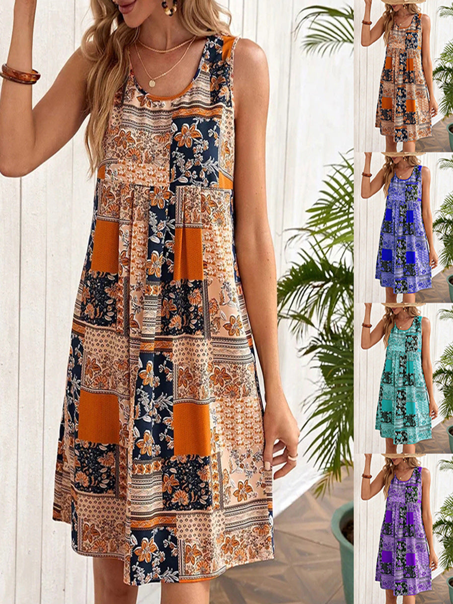 Dame Patchwork Floral A-linje Mini Kjole Stilla