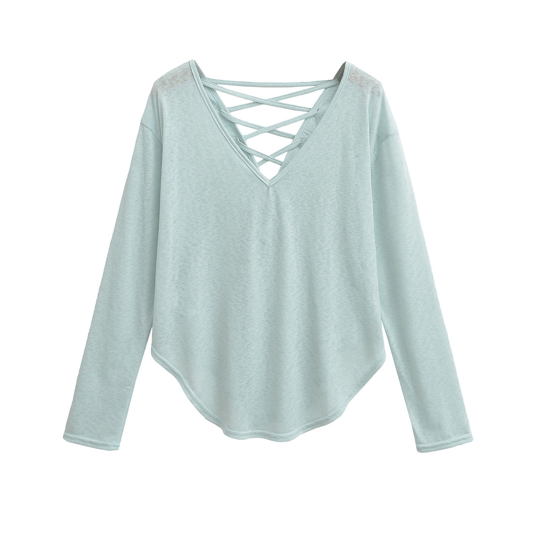 Dame langærmet shirt med dyb V-udskæring og elegant snøredetail Stilla