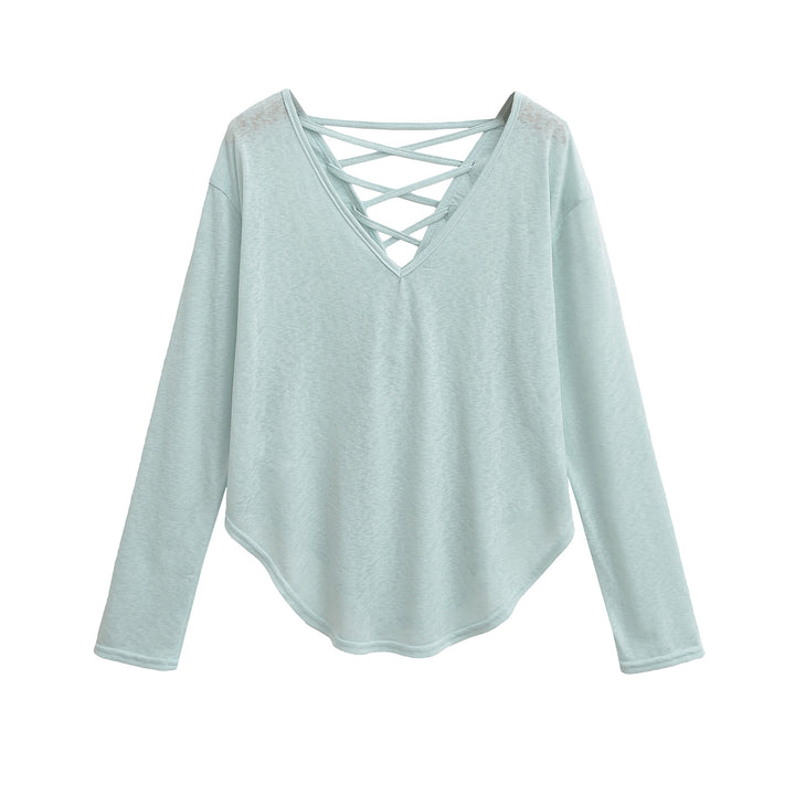 Dame langærmet shirt med dyb V-udskæring og elegant snøredetail Stilla