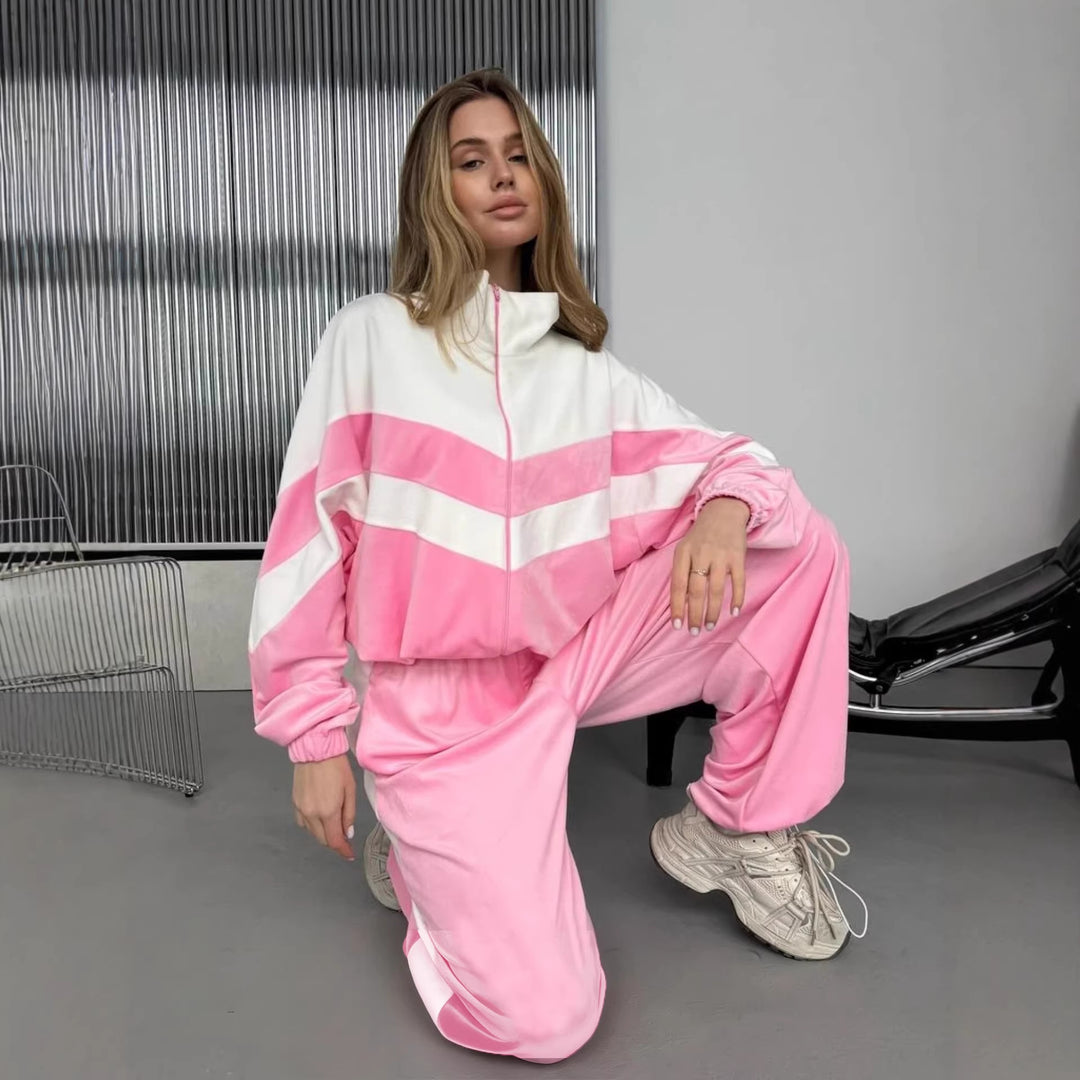 Kvinders sporty fløjls tracksuit med elegant lynlås og moderne striber Skovae