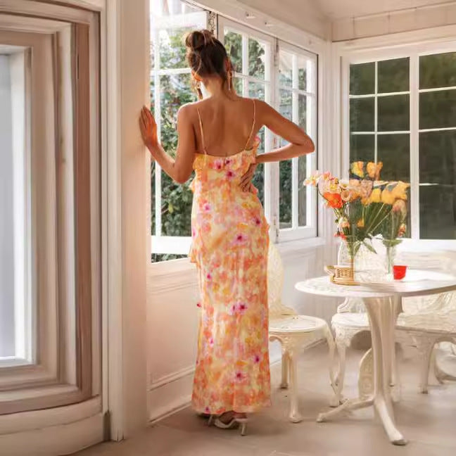 Kvinders sommer maxi kjole med flæse detaljer og delikat blomstermønster Skovae