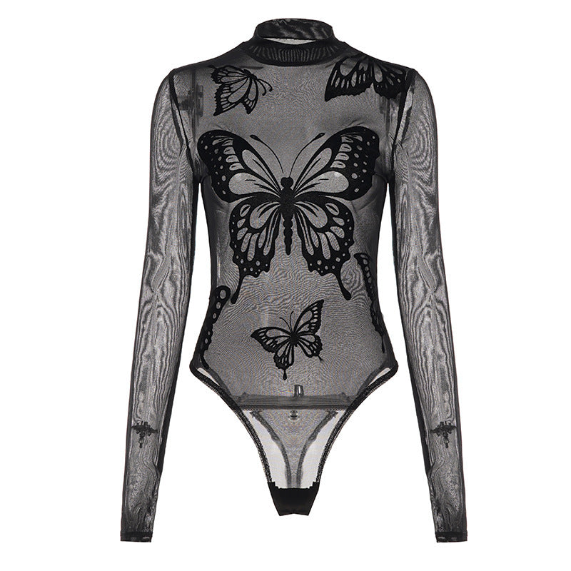 Dame Elegant bodysuit med fine sommerfuglemotiver og gennemsigtigt stof Skovae