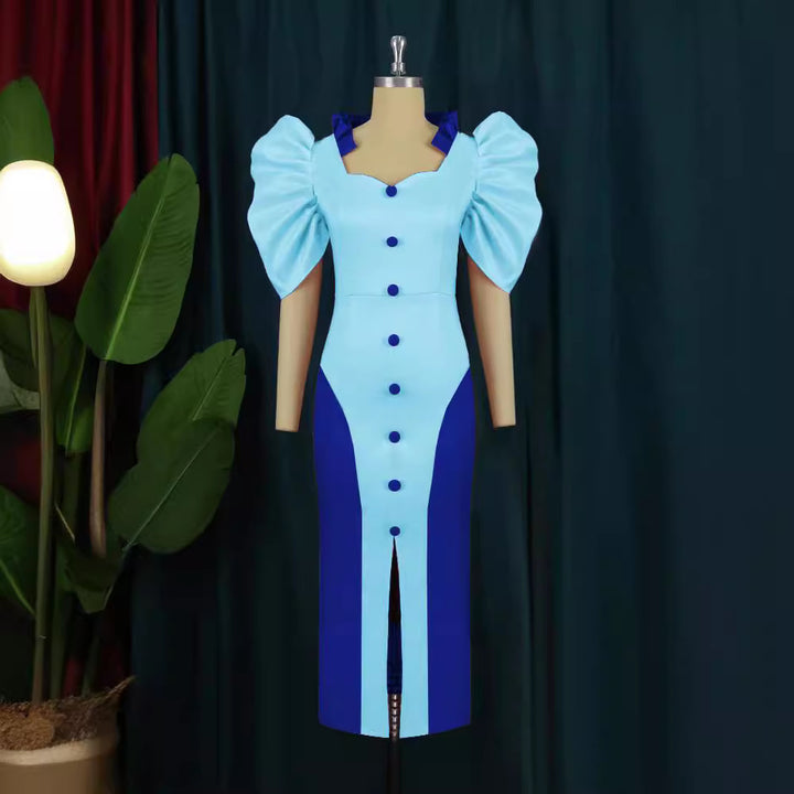 Dame Elegant Maxikjole med voluminøse pufærmer og knapdetaljer Skovae