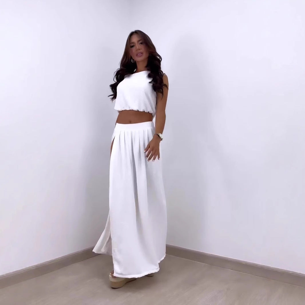 Dame Fald Maxi Nederdel og Crop Top Sæt Stilla