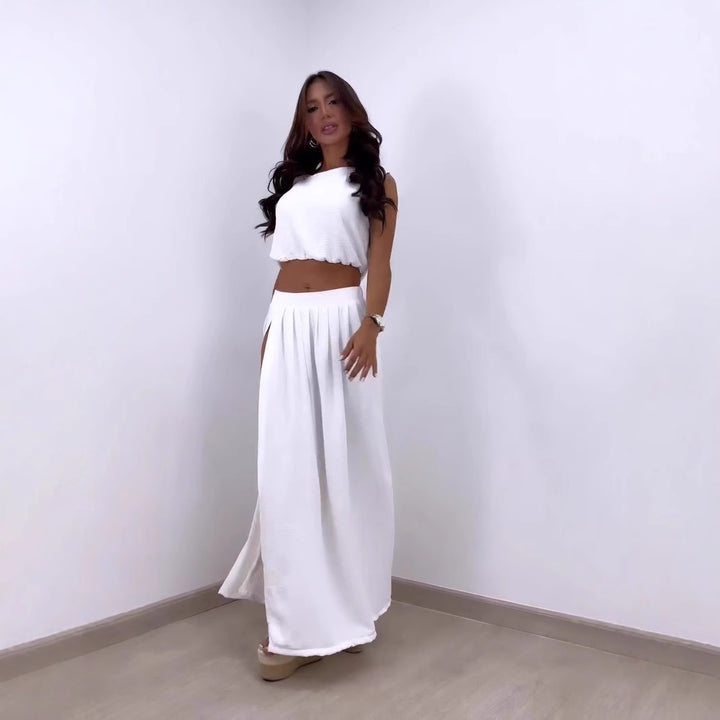 Dame Fald Maxi Nederdel og Crop Top Sæt Stilla
