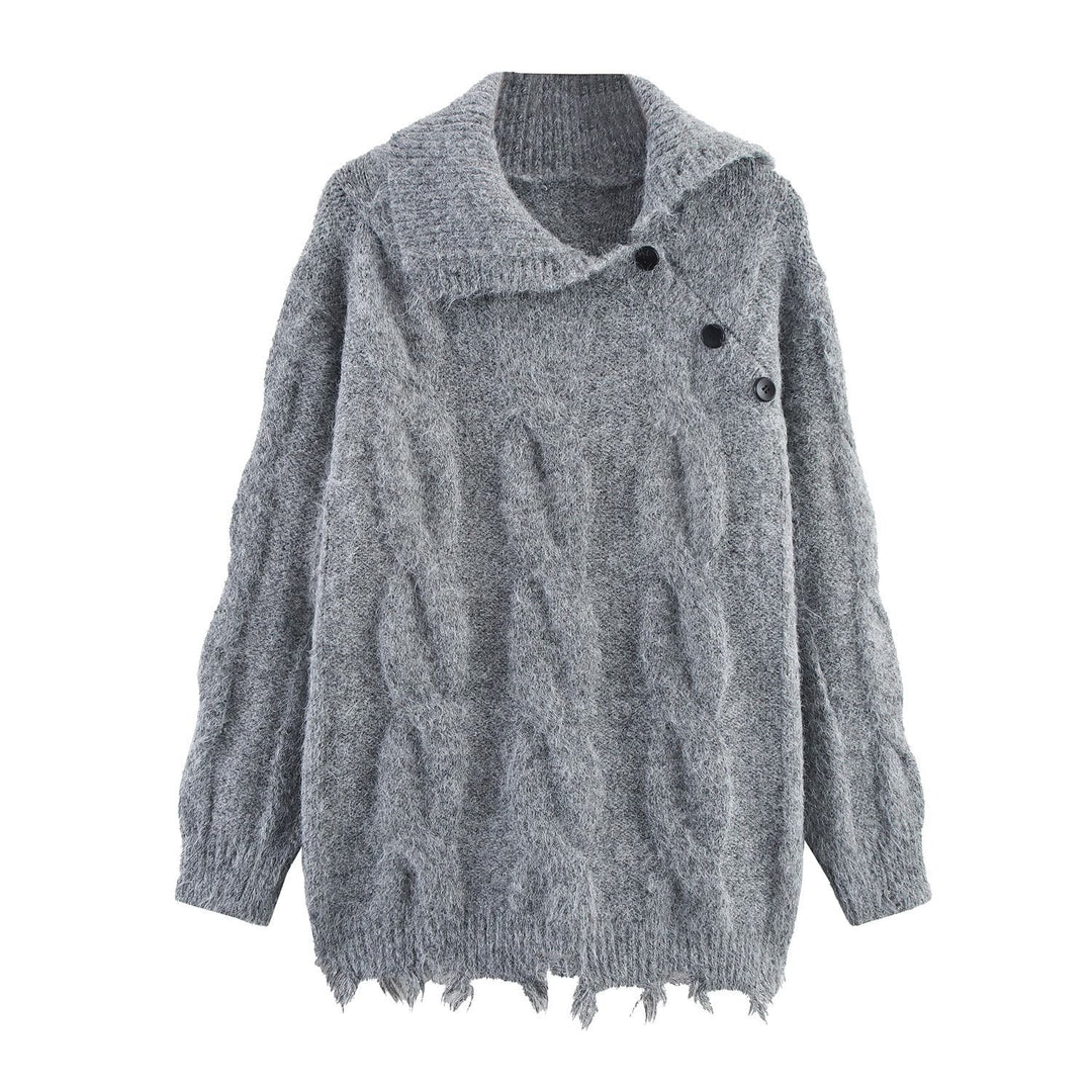 Dame grovstrikket pullover med moderne krave og knapdetaljer Stilla