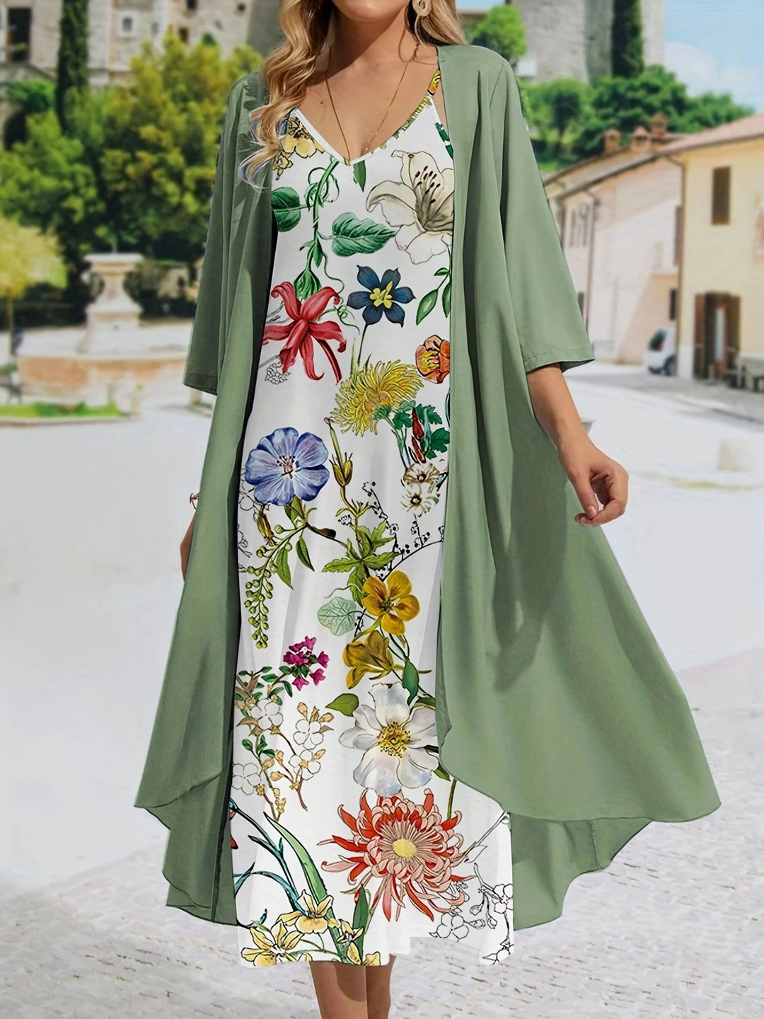Dame Maxikjole med blomsterdesign og let overjakke Stilla
