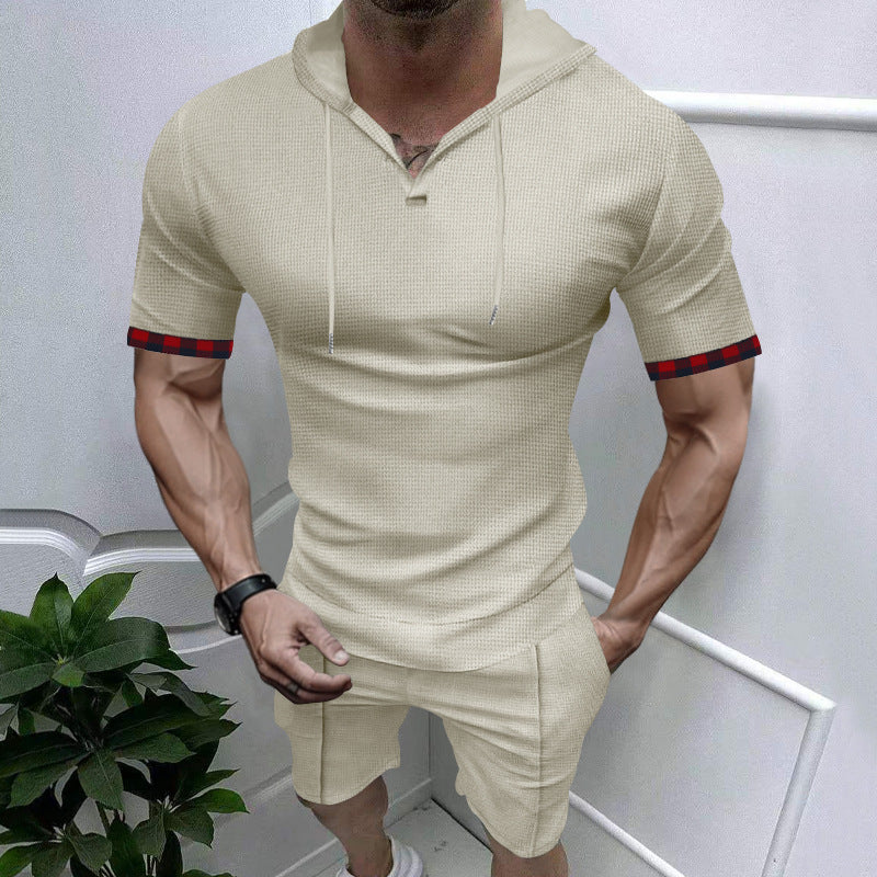 Herrer nano sommerligt hætte-lounge-sæt i let vaffelstruktur med kortærmet hoodie Henley-åbning og komfort-bukser Skovae