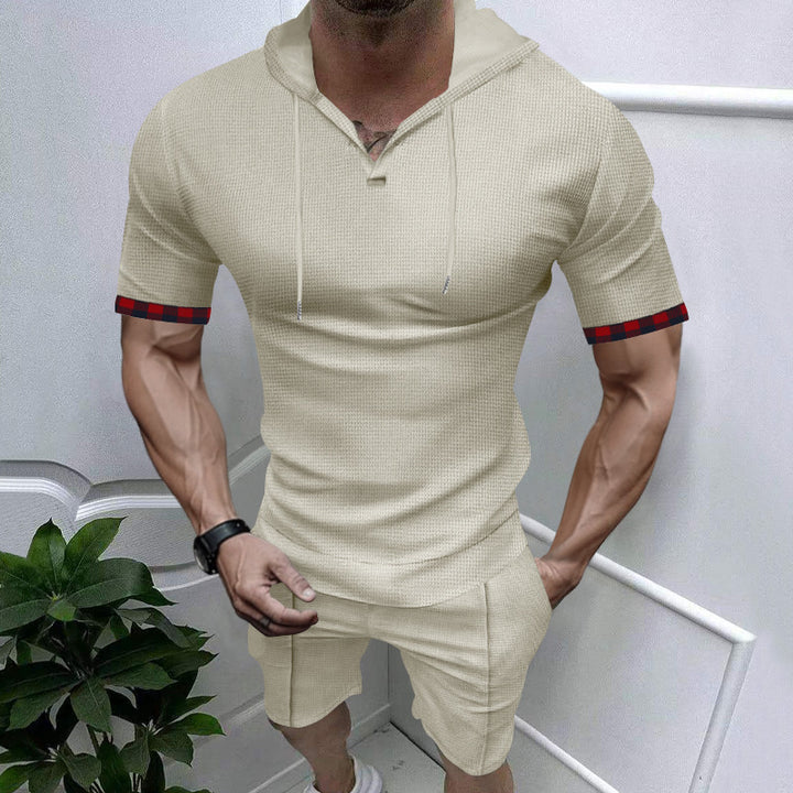 Herrer nano sommerligt hætte-lounge-sæt i let vaffelstruktur med kortærmet hoodie Henley-åbning og komfort-bukser Skovae