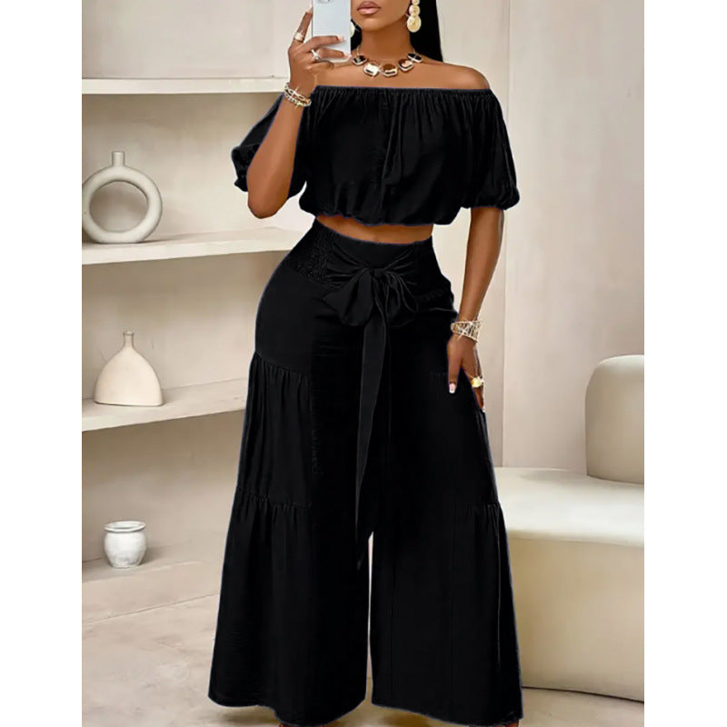Dame stilfuld off-shoulder crop top og bred bukser sæt Stilla