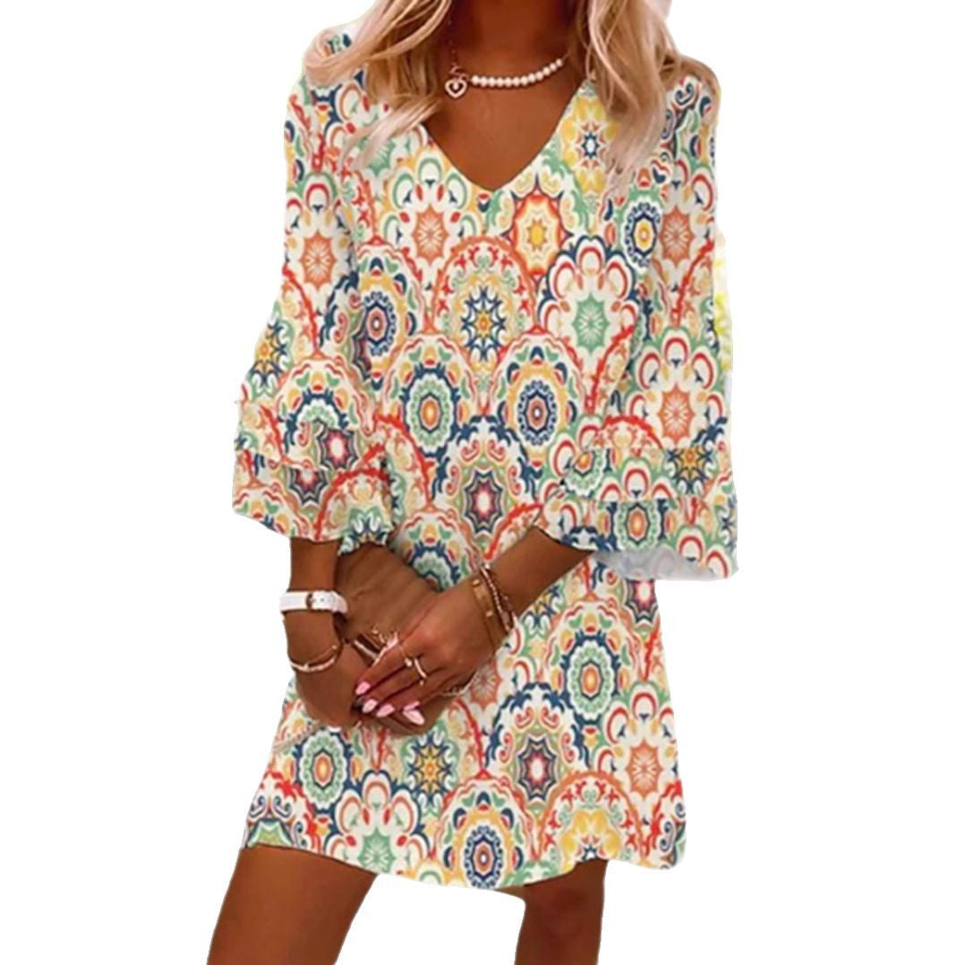 Dame nan locker faldende A-linje mini kjole med V-udskæring trekvart klokkeærmer og ornamentalt mandala-print Skovae