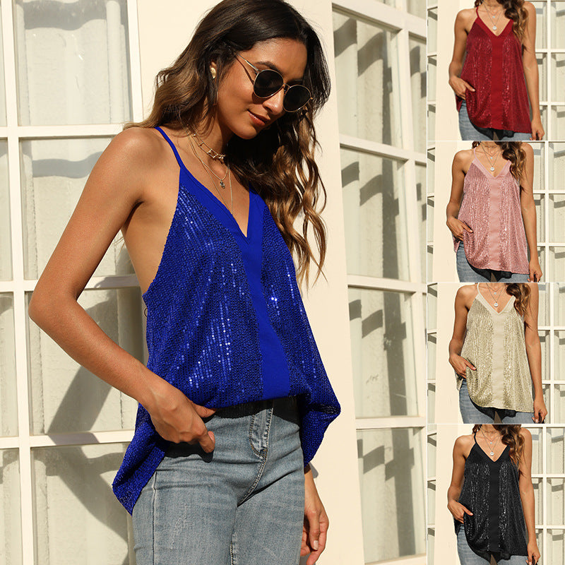Dame glitrende pailletbluse med V-hals Stilla