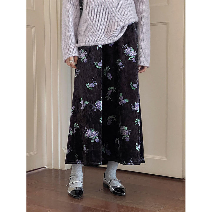 Dame elegant maxiskørt i flydende stof med blomstermønster og elastisk talje Stilla