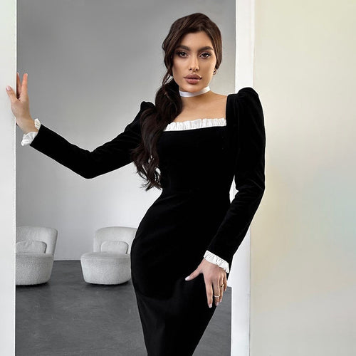 Dame elegant Midikjole med flæsedetaljer og figursyet silhuet Stilla